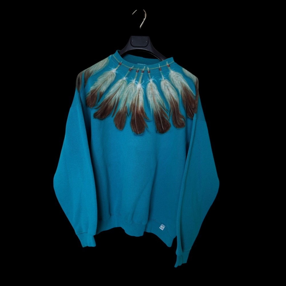 Vintage 80's Southwest Feather Sweatshirt Turquoise Crew Neck Mens L